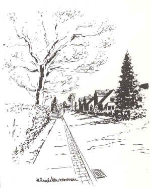 Sort hvid tegning af en vej med fortov. Venstre side viser stort træer og høj hæk. Højre side viser stort grantræ og adskillige villaer.